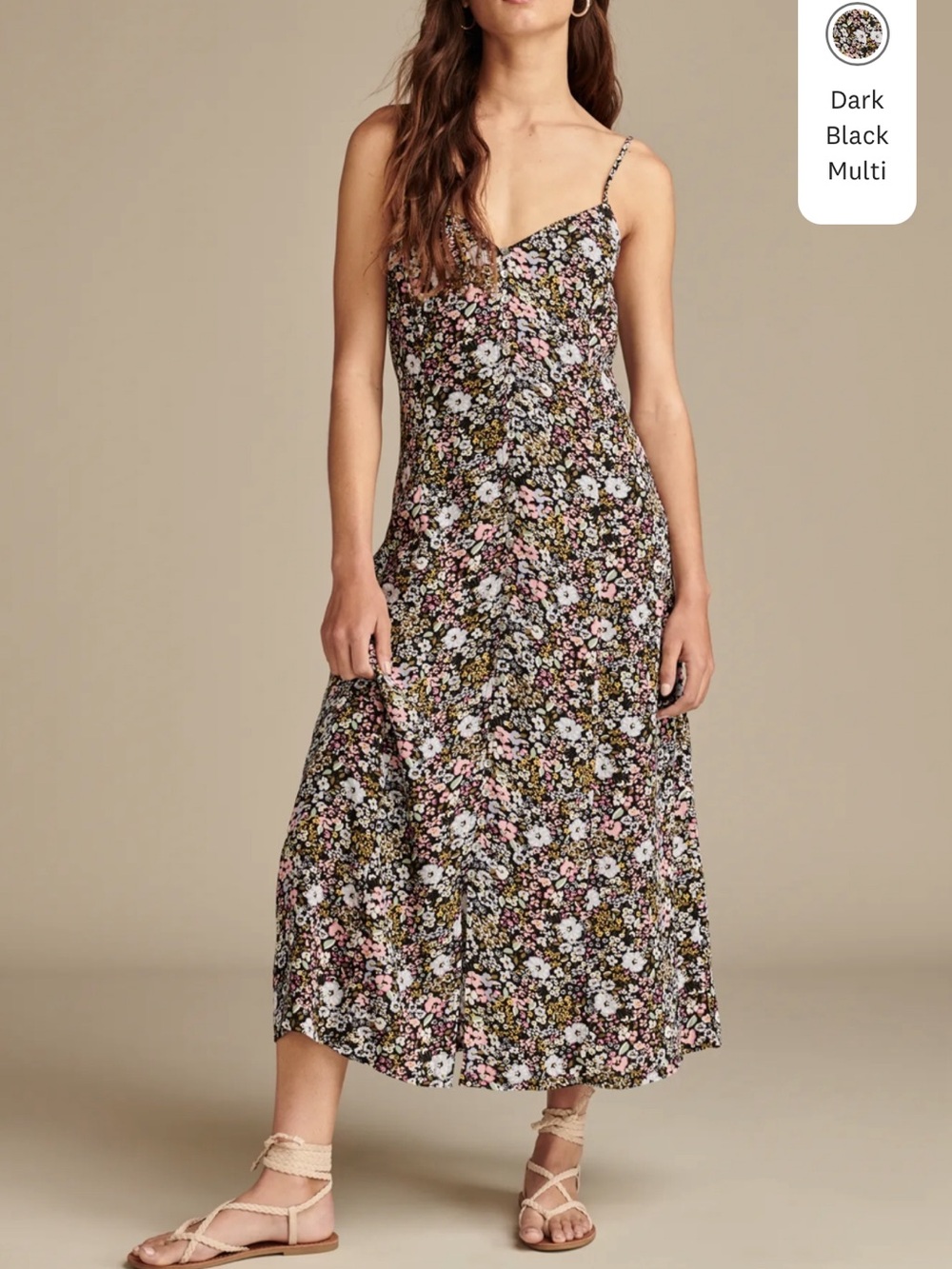 Lucky Brand Black Floral Slip Midi Dress